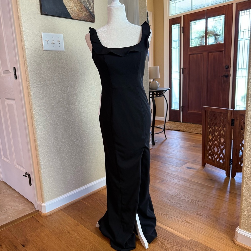 NWT Azazie Samantha Black Ruffle Neck Maxi Sheath Dress Sz 6 - Picture 4 of 10